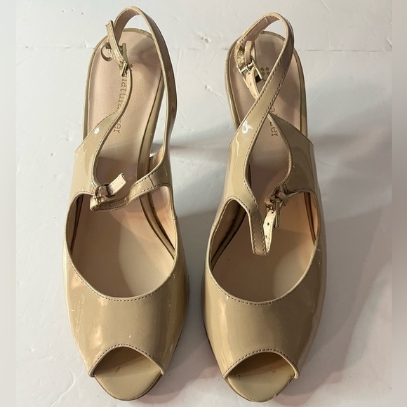 Naturalizer Beige Patent Leather Slingback Peep Toe Heels | Approx. Size 9-9.5 - Picture 1 of 12
